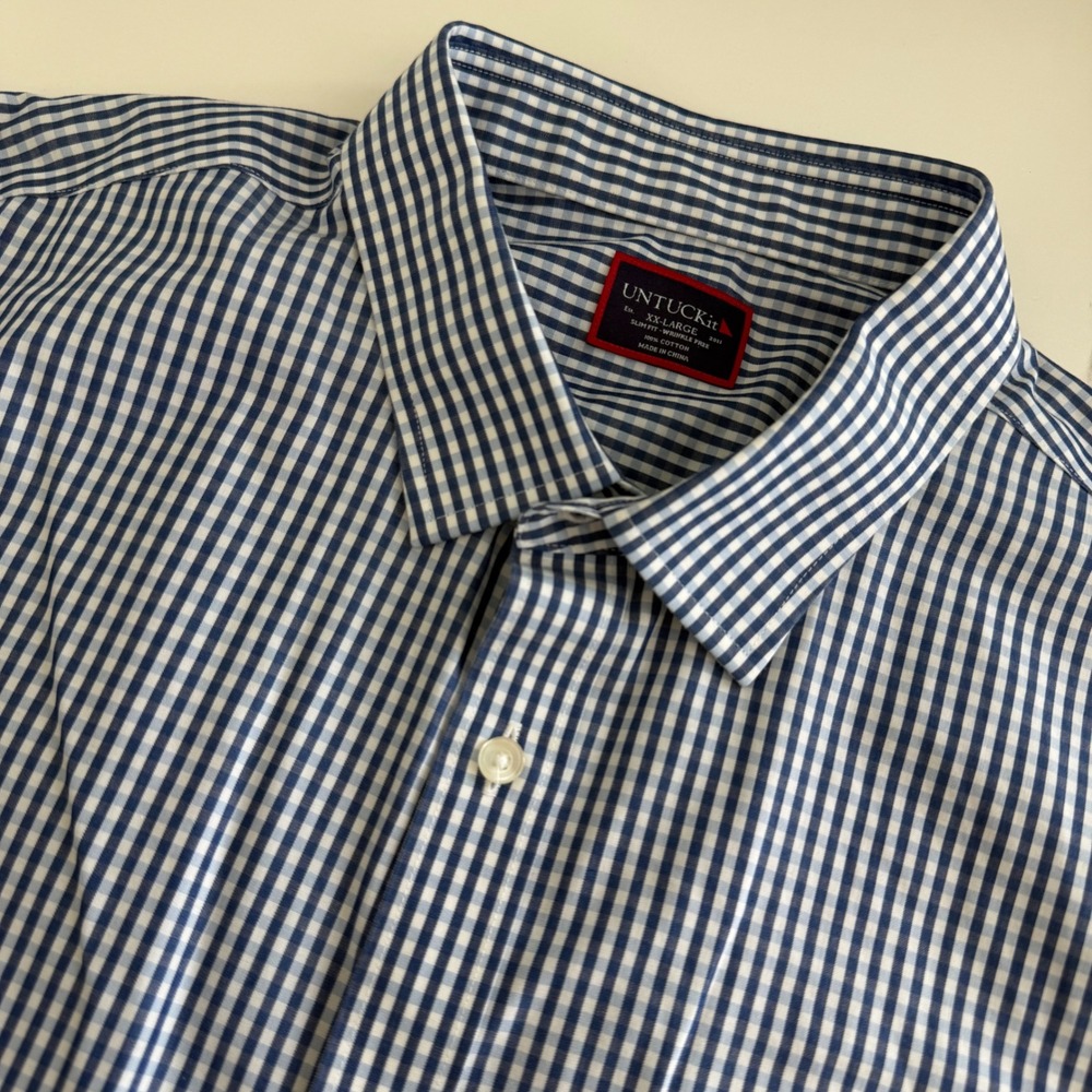 UNTUCKit Cappellano Slim Fit Gingham Short Sleeve Shirt Blue White XXL 34523